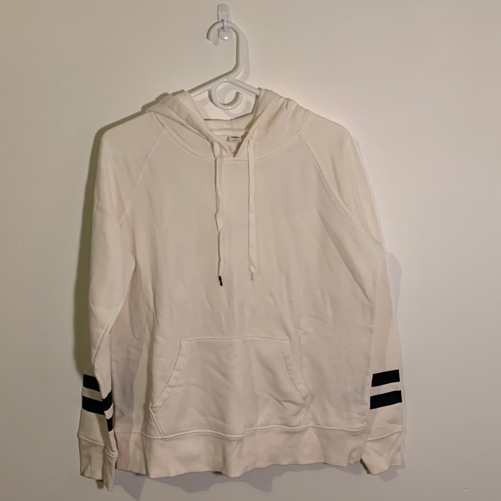 Off-white hoody with black stripes on sleeves